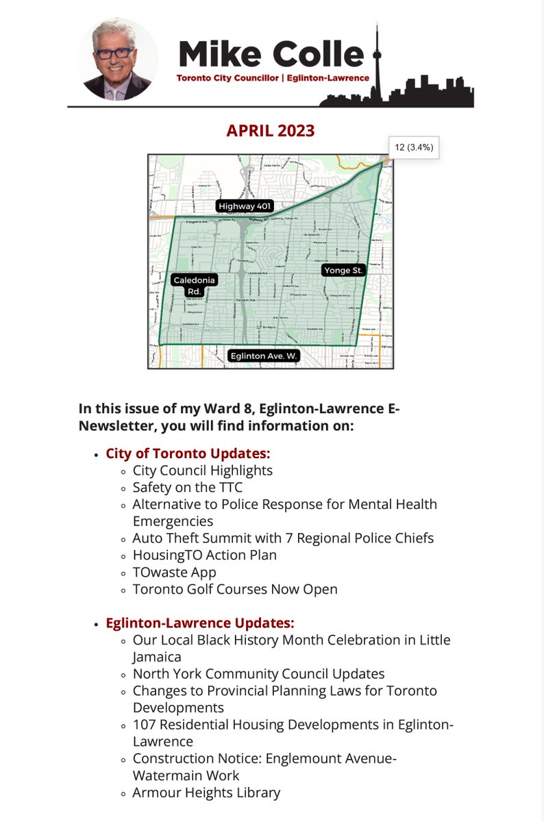 My latest e-newsletter is hot off the press! Keep up-to-date with what's happening locally in Eglinton-Lawrence and city-wide, including updates from City Council's meetings. Read my e-newsletter & sign-up to get future ones directly to your inbox: mikecolletoronto.com/newsletters