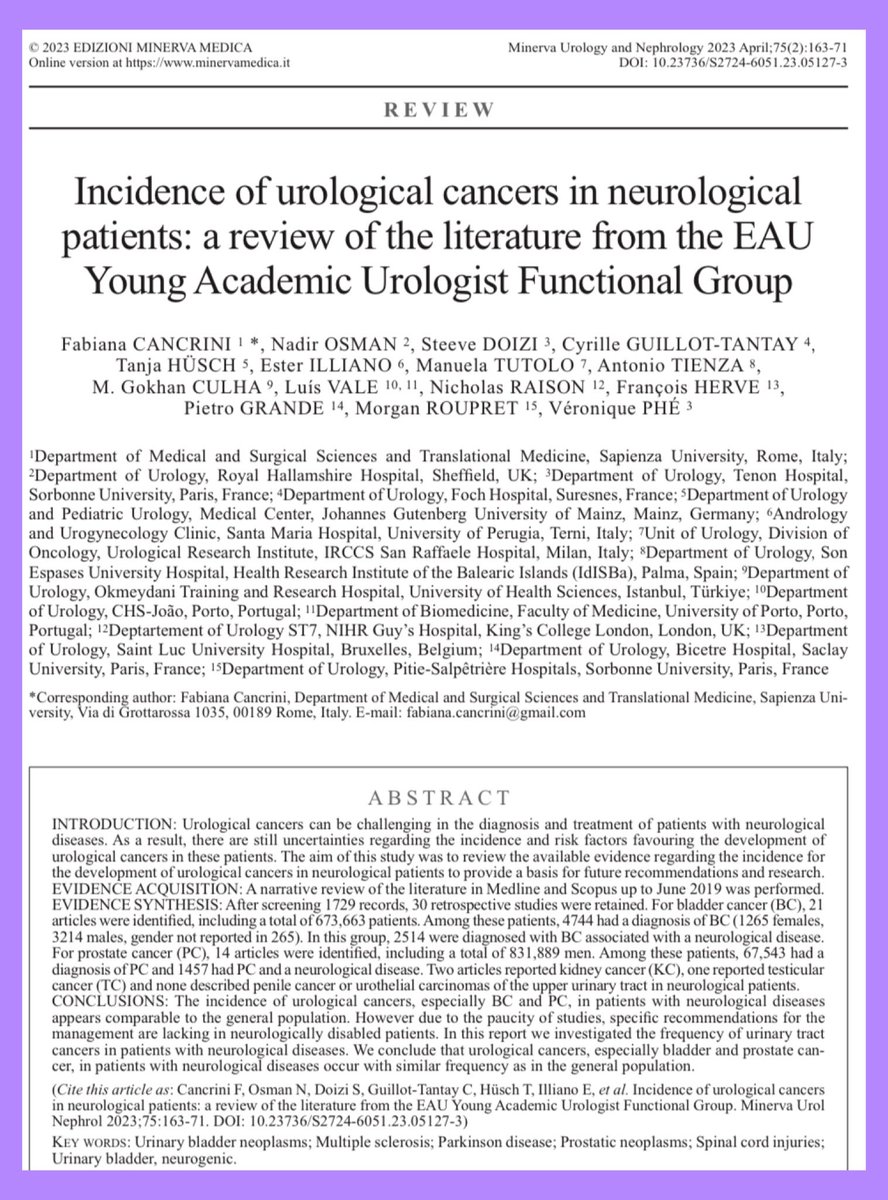 😢DOUBLE DIFFICULTIES for our neurologically disabled patients who experienced urological cancers AND #neurogenicbladder
‼️Incidence of bladder&amp;prostate cancers comparable to general population
❌Paucity of studies
👎Lack of specific management recommendations
📖Our last paper