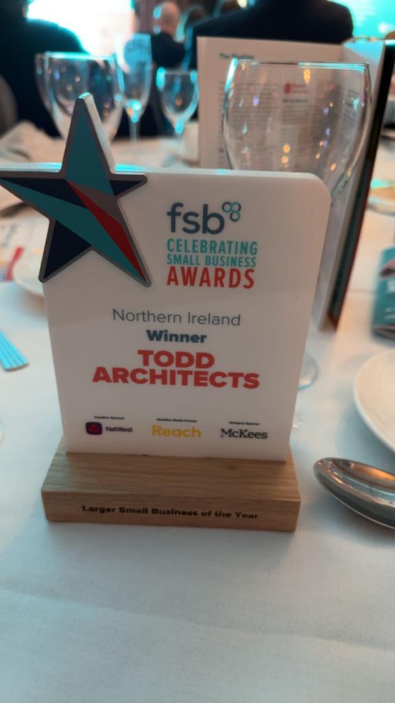 TODDArchitects's tweet photo. We're delighted to have won the Federation of Small Businesses NI Award for 'Larger Small Business of the Year'! Fantastic recognition for dedication and hard work taking place across our talented studios!

#OneTODD #TeamTODD #AwardWinningPractice https://t.co/7uO0yilgKQ