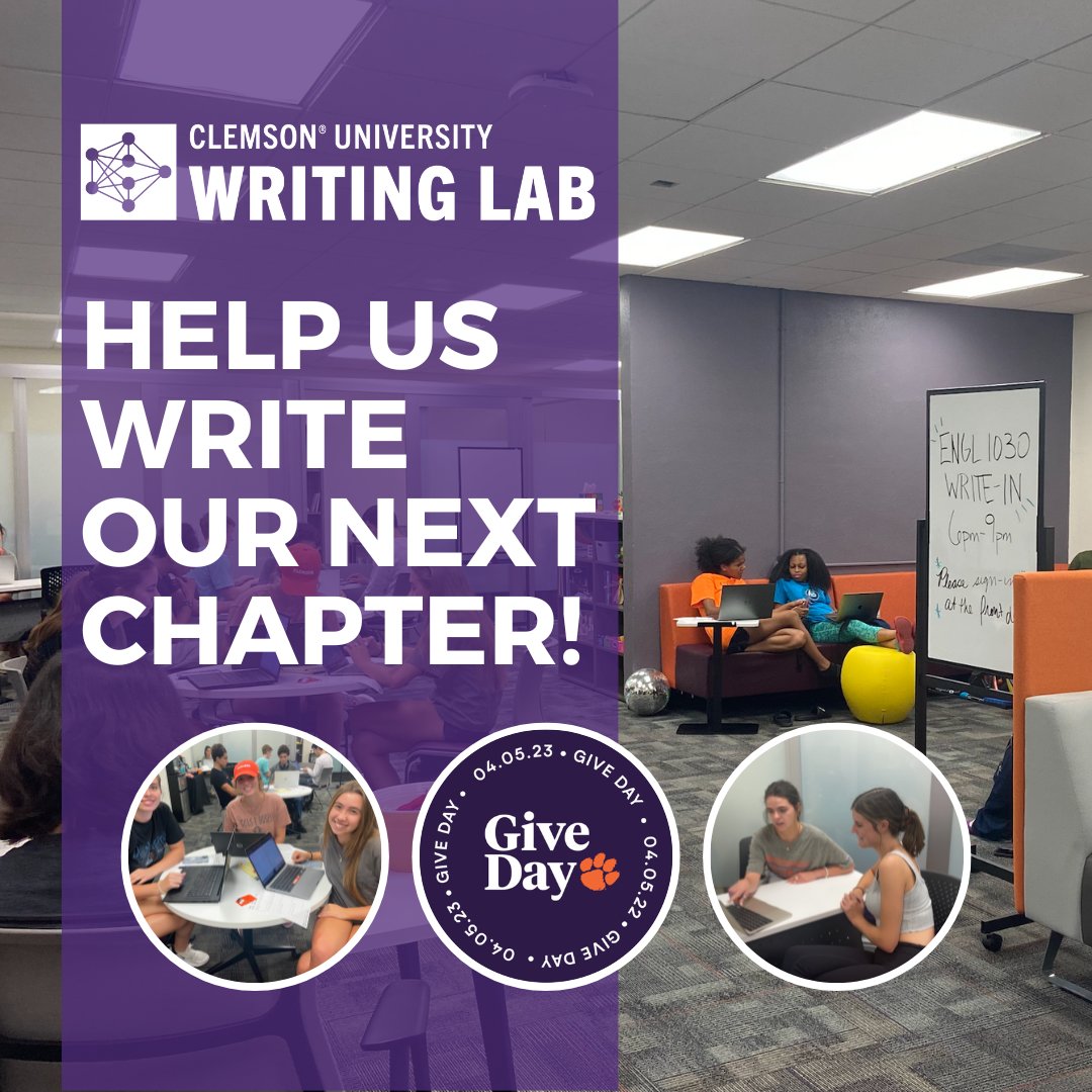 #ClemsonGiveDay! You can make a donation via the bio link! Donations to the new Clemson Writing Lab Support Fund will aid us in providing more expansive programming, further our efforts in outreach, and encourage participation in international research conversations.