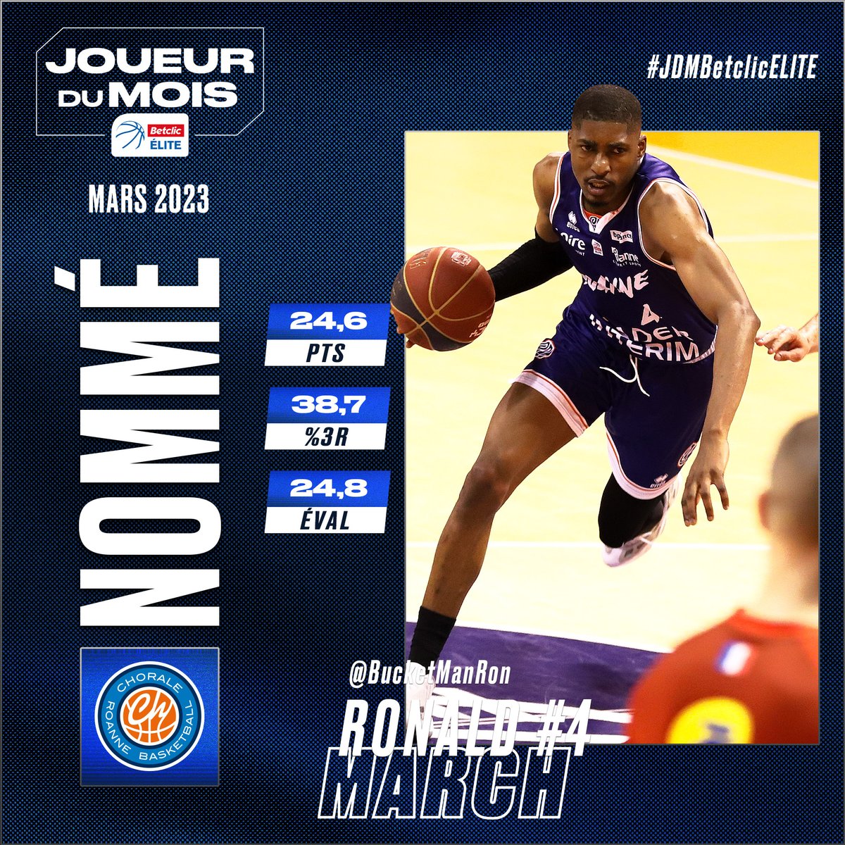 Betclic_ELITE's tweet image. 3ème nomination cette année pour Ronald March, le sniper de la @ChoraleRoanne 🔫

🔁1 RT = 1 vote 📩 

#JDMBetclicELITE @BucketManRon