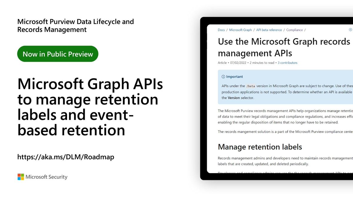 Now in public preview/beta!

Microsoft Graph APIs for Records Management enable you to create retention labels and trigger retention events programmatically.

GA: March 2023 - app permissions + events
GA: coming soon - retention labels

aka.ms/DLM/RMID88276