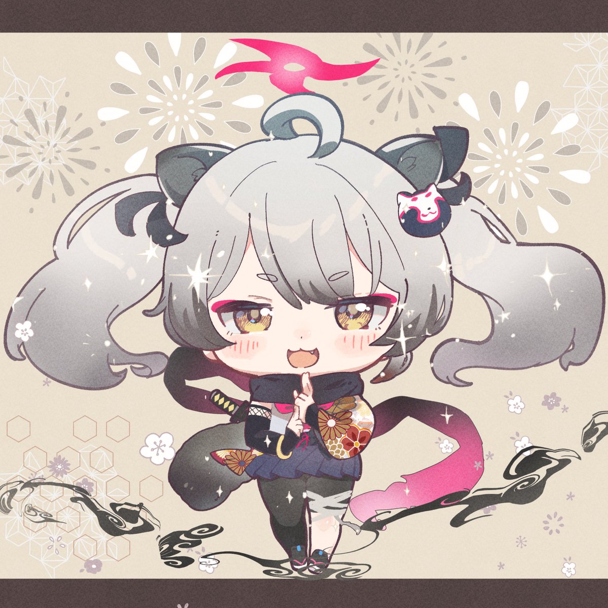 1girl solo grey hair animal ears scarf chibi twintails  illustration images