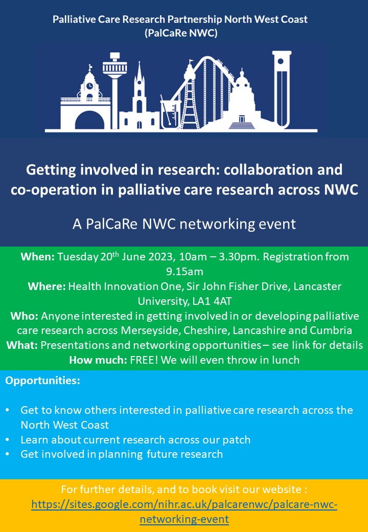 Work across NWC England? Interested in #palliativecare research? Come along to our next FREE networking event. See link to book: sites.google.com/nihr.ac.uk/pal… #hpm #hapc