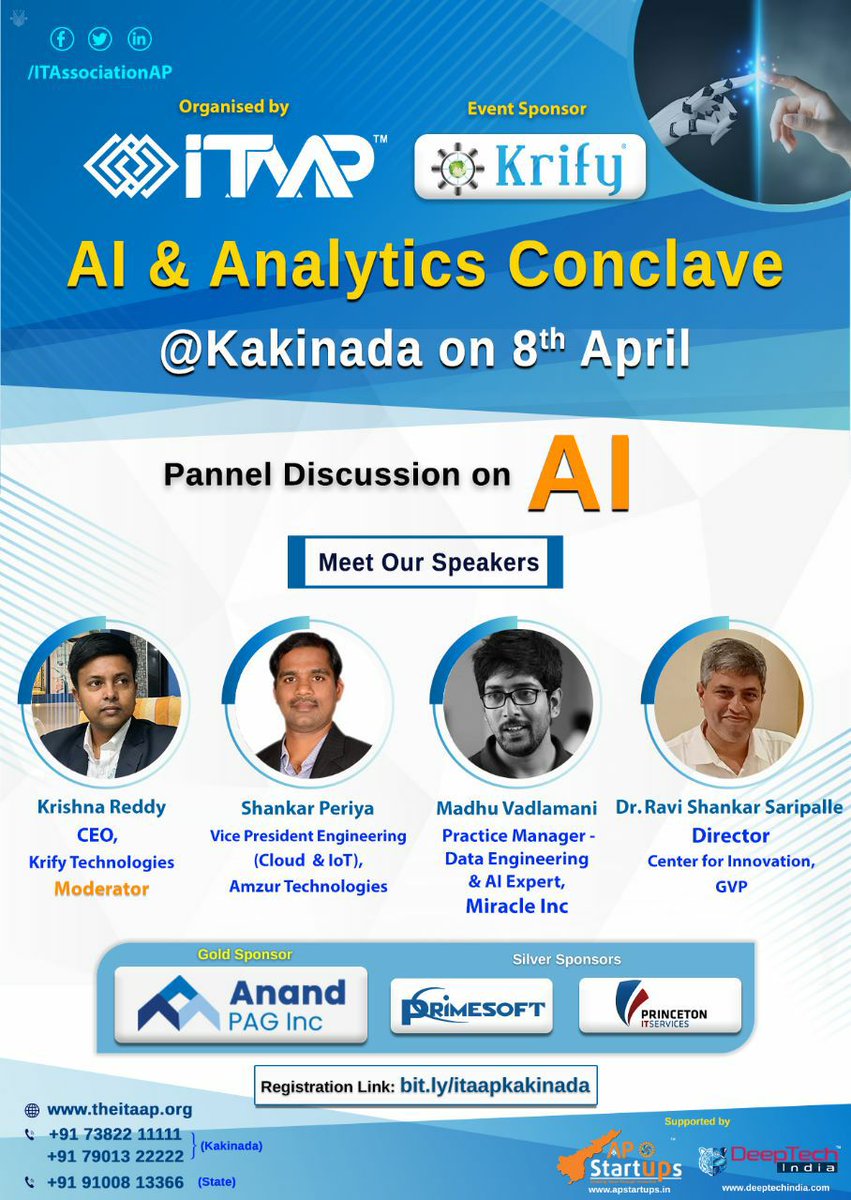 krifysoftware's tweet photo. Krify is sponsoring the ITAAP Event - #AI &amp; #Analytics Conclave on 8th April in Sarovar Portico, Kakinada from 9.00 AM to 1.30 PM -  All working Software Employees &amp; Startups are welcome to attend the event for FREE. Register @ https://t.co/LxJ8uL92Kx

#ITAAP #Krify #Kakinada https://t.co/NBA0LyB8j9