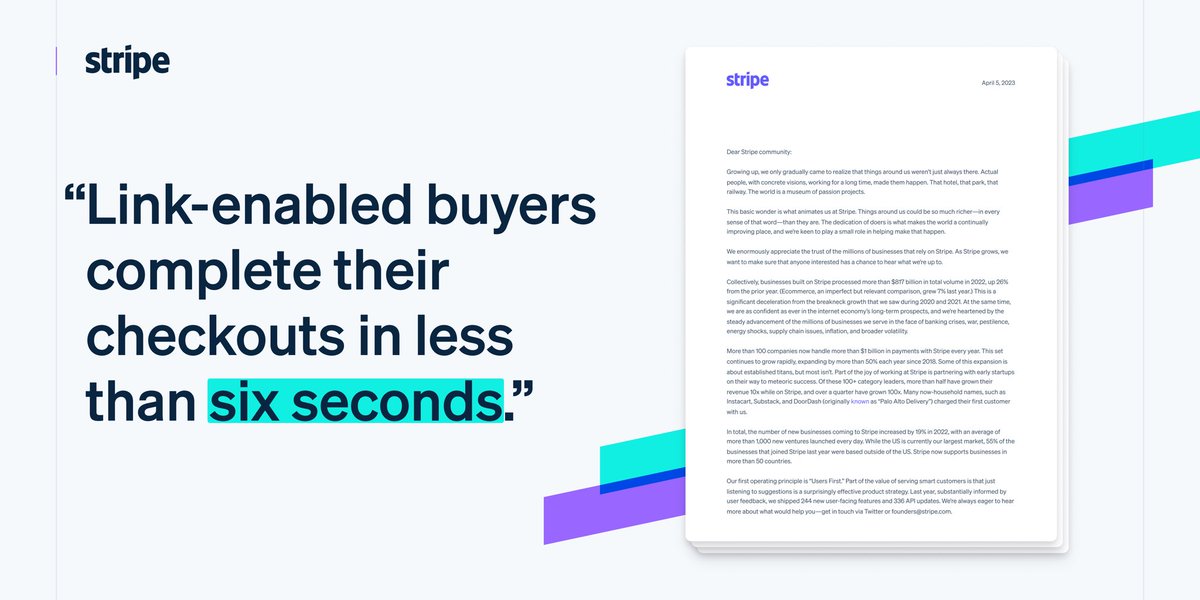 Sharing our annual letter which highlights what <a href="/stripe/">Stripe</a> has been working on (including products like Link, our one-click checkout).

Read the letter to learn more. ⬇️