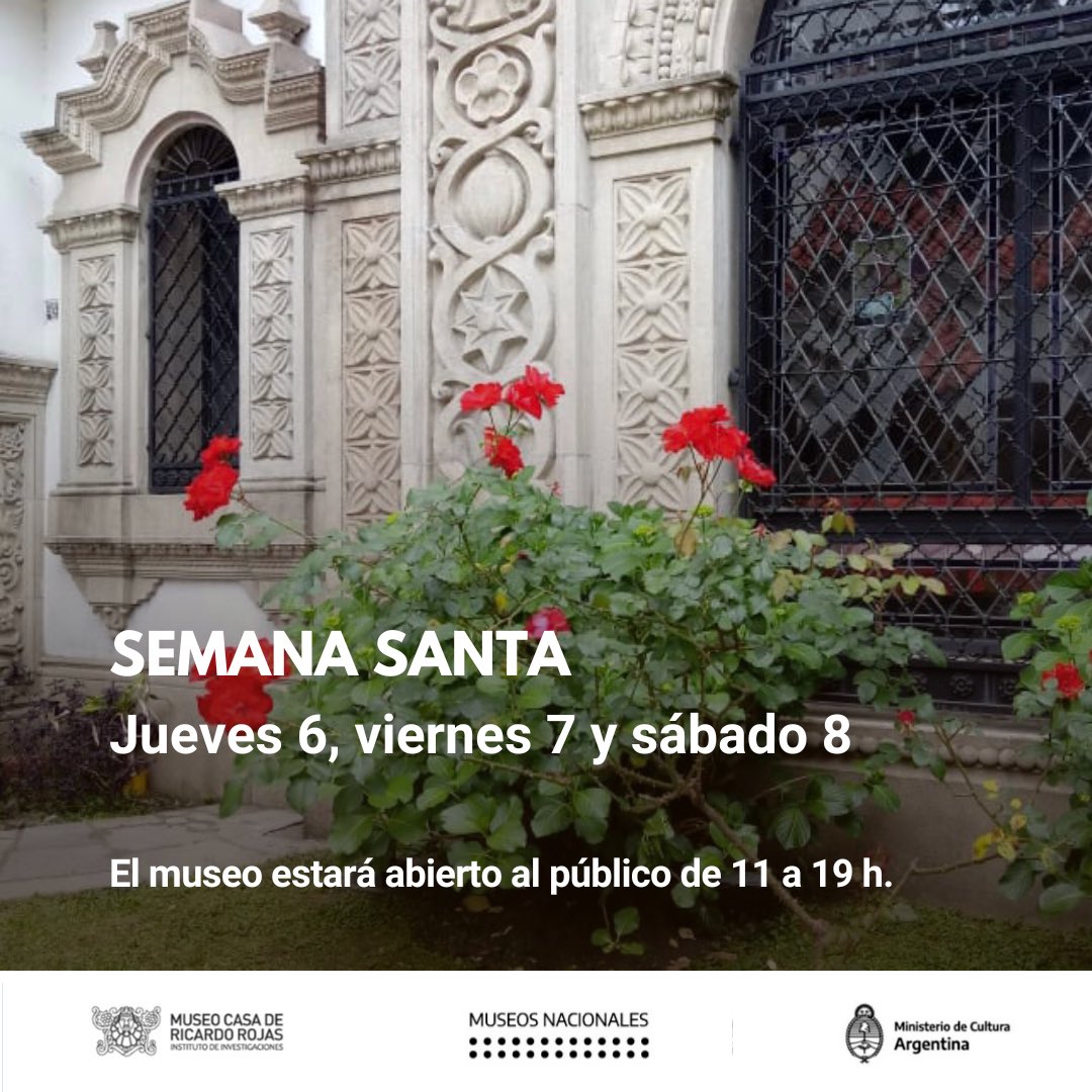 Estimados visitantes:

El próximo jueves 6, viernes 7 y sábado 8 de abril el museo estará abierto al público en el horario de 11 a 19 hs. 

¡Los esperamos!

#MuseosEnMovimiento 
#PatrimoniosActivos
#MuseoCasaRojas
<a href="/MuseosNacion/">Museos y Patrimonio Nación</a> 
<a href="/CulturaNacionAR/">Cultura Nación</a>