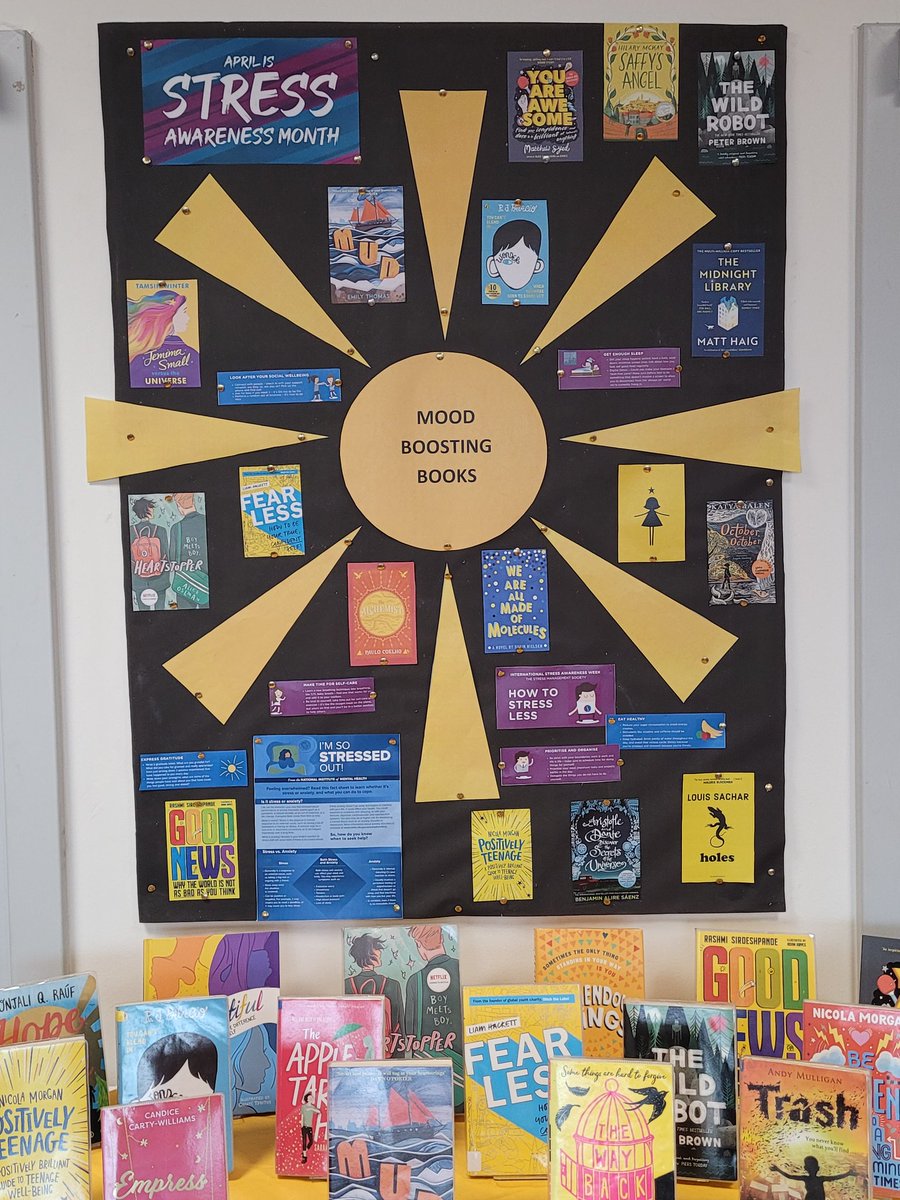 Check out my #newdisplay for #StressAwarenessMonth...a lovely burst of colour that lifts me each time I see it. #readforwellbeing #readingwell #mentalhealth #schoollibraries
