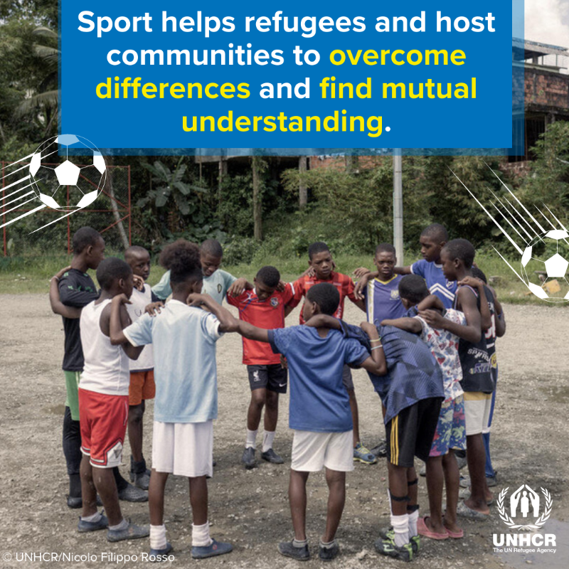 Refugees's tweet photo. 6 April is International #SportDay, join us to celebrate the power of sport to bring people together. 

Swipe to find out how sport can help refugees feel welcome and adapt to a new country. 

#IDSDP