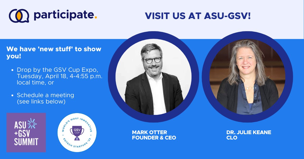 ✈️ We're packing our bags for @asugsvsummit and we want to see as many of you as possible! ⭐️Drop in to see us at the GSV Cup Expo, Tuesday, 4/18, 4-4:55 p.m.⭐️ OR Schedule a meeting  →participate.com/meetings/mark-… #asugsvsummit #communityofpractice