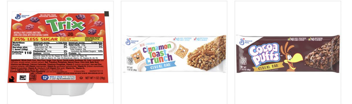bigfatsurprise's tweet photo. Just scroll the list of General Mills products served in schools and please explain how this is  not setting our kids up for failure. https://t.co/otazgRwe5I https://t.co/TqJHQQKa4W