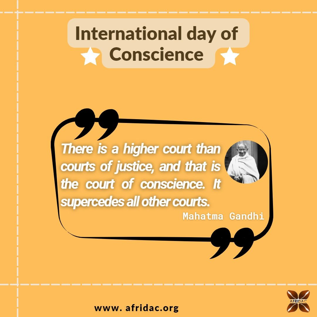 afridac1's tweet photo. It’s Conscience’s Day! A day to promote self-reflection and focus on doing the right thing; it doesn’t matter whether people are watching or not.
#Afridac
#Advocacy
#InternationalDayOfConscience, #ConscienceDay
#UNInternationalDays https://t.co/WV418NzQGW