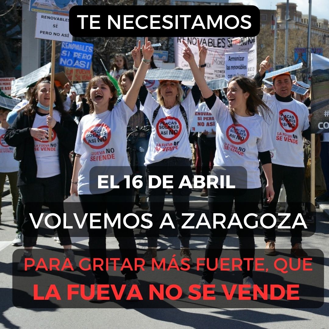 Ven!
♦️Domingo 16 de abril. 12.00h
📍Zaragoza. Paseo Sagasta.
📣 #LaFuevaNoseVende
Por un mundo rural vivo.
Un hogar, un paisaje, un futuro.
Placas solares así no.