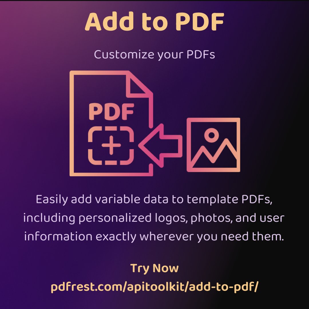 pdfRest's tweet photo. Customize your PDFs with @pdfRest Add to PDF REST API tool. Insert new content, such as images, into PDF documents at a precise locations on a selected pages without disrupting the underlying PDF content.  

Try now: https://t.co/Bp6Dq6eD24

#pdf #restapi #printPDF #PDFSolutions https://t.co/W1aASKn3vA