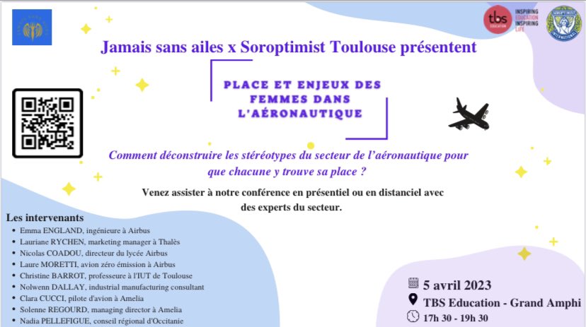 Comment déconstruire les stéréotypes du secteur de l’#aéronautique et que chacune y trouve sa place ? 

C’est avec plaisir et intérêt que je participe à cette initiative de <a href="/JamaisSansElles/">JamaisSansElles</a> et <a href="/SoroptimistF/">Soroptimist International France</a> à <a href="/tbs_education/">TBS Education</a> #Toulouse. 

🕠17h30

#Ingenieure #Sciences #Egalité