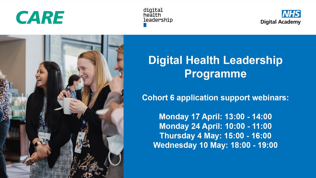 NHS Digital Academy (@nhsdigacademy) on Twitter photo Applications are open for Cohort 6 of the Digital Health Leadership Programme (DHLP).
Join an application support webinar to find out more: orlo.uk/P7liK
Find out more about DHLP: orlo.uk/T40s5
<a href="/imperialcollege/">Imperial College London</a> @DigiSocialCare Applications are open for Cohort 6 of the Digital Health Leadership Programme (DHLP).
Join an application support webinar to find out more: orlo.uk/P7liK
Find out more about DHLP: orlo.uk/T40s5
<a href="/imperialcollege/">Imperial College London</a> @DigiSocialCare