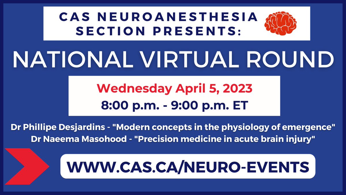 Canadian Anesthesiologists' Society (@casupdate) on Twitter photo Tonight! <a href="/cas_neuro/">CAS Neuro Section</a> hosts its 2nd national virtual round of 2023. It's not too late to register.
Topics covered - modern concepts in the physiology of emergence; precision medicine in acute brain injury.
Moderator - <a href="/ChowdhuryTumul/">Tumul Chowdhury (तुमुल चौधरी) MD, DM, FRCPC, MSc</a>
cas.ca/neuro-events Tonight! <a href="/cas_neuro/">CAS Neuro Section</a> hosts its 2nd national virtual round of 2023. It's not too late to register.
Topics covered - modern concepts in the physiology of emergence; precision medicine in acute brain injury.
Moderator - <a href="/ChowdhuryTumul/">Tumul Chowdhury (तुमुल चौधरी) MD, DM, FRCPC, MSc</a>
cas.ca/neuro-events