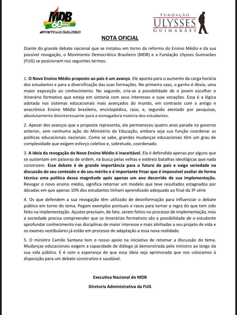 NOVO ENSINO MÉDIO. 
MDB e Fundação Ulysses Guimarães se posicionam contra revogação, e a favor de melhorias.