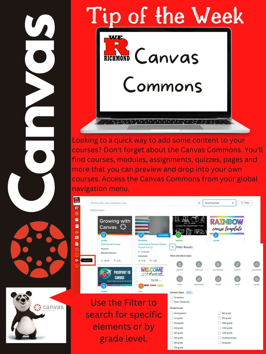 RCSLearn's tweet photo. @RCSLearn Canvas Tip of the Week - Try out the Canvas Commons! Get free content (courses, modules, assignments, quizzes, pages, etc.) to use in your courses. Preview and drop into your own courses. Find the Commons in the Global Navigation Menu. #RCSLearn #INCUE @Canvas_by_Inst https://t.co/W0WPSGAUK8