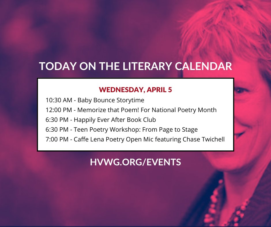 📅 Book Clubs, a Teen Writing Workshop, Chase Twichell at Cafe Lena, &amp; more on the calendar today - Wednesday, April 5, 2023.

For more opportunities to support local writers and to add your reading, workshop, or open mic to the list, go to bit.ly/3nEIGFj