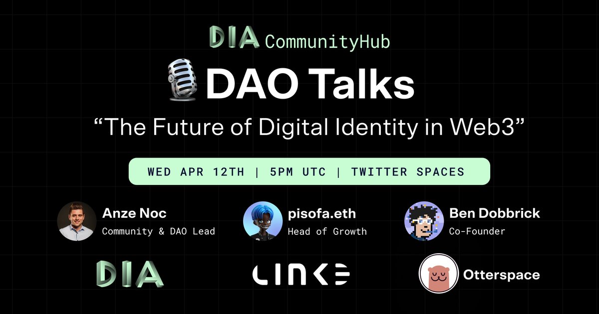 DIAIntern's tweet image. 🎙️ DAO Talks Ep3

Join us for the next #DAOTalks episode, where we will discuss the state and future of digital identity in #Web3.

Guests: @DIAdata_org, @link3to, @otterspace_xyz

⏰ Wednesday, Apr 12th, 17:00 UTC

📍