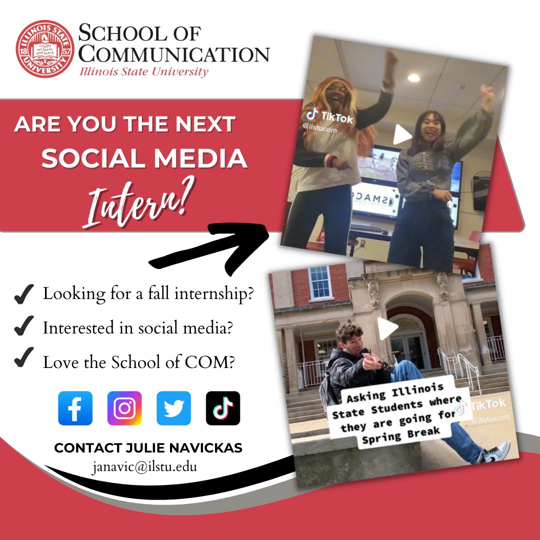 ✔️ Looking for a fall internship?
✔️Interested in social media? 
✔️Love the School of Communication? 

If you answered YES, join the School of Communication’s social media team! 

Contact @JulieNavickas at janavic@ilstu.edu to review the job description and apply today!