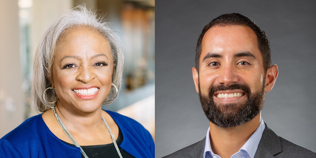 Headshot collage of Professors Carol Anderson and Bernard Fraga.
Anderson wears a black top with royal blue jacket and Fraga wears a blue button-down top with a gray jacket