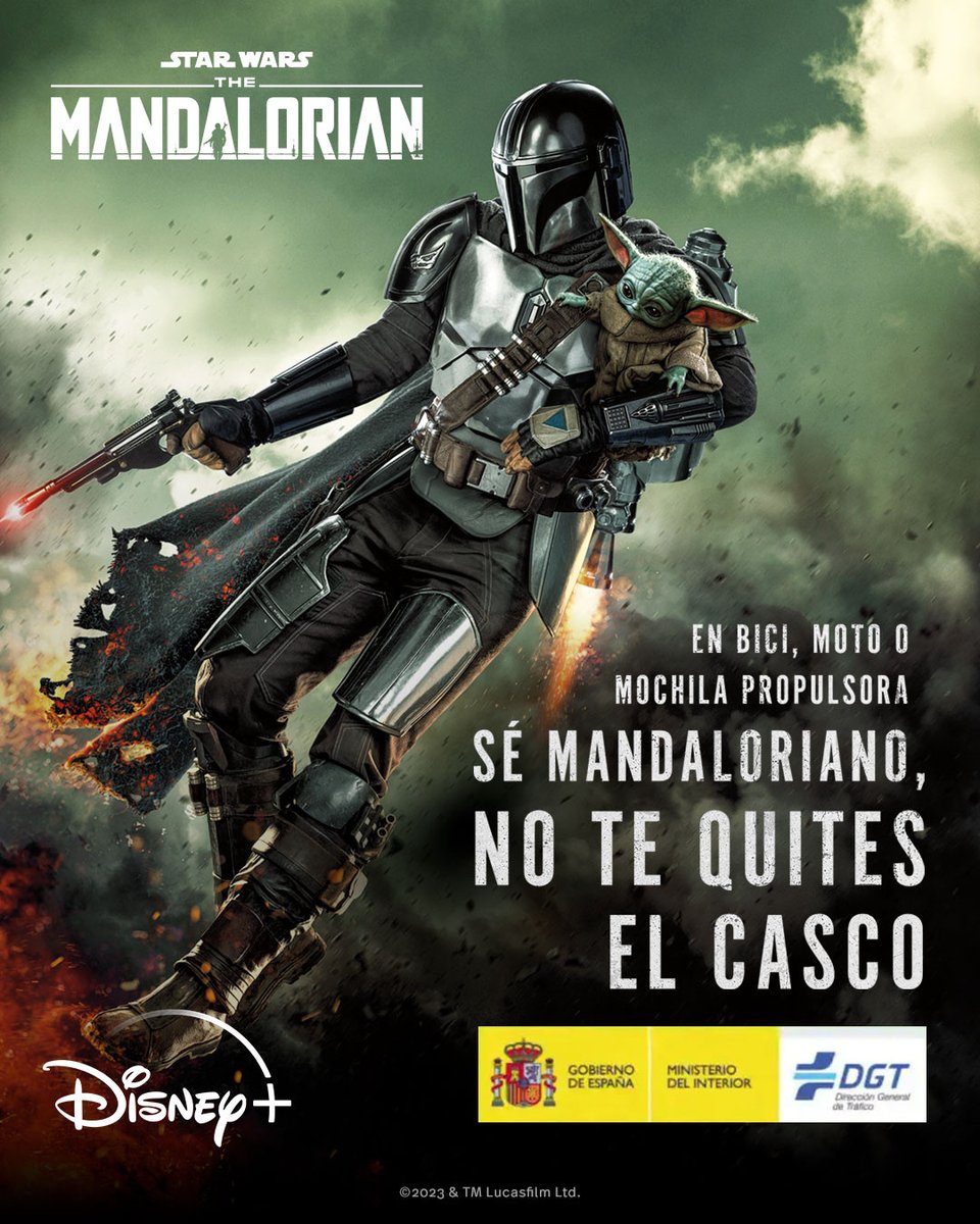 DGTes's tweet photo. Con motivo de la nueva temporada de #TheMandalorian, #DGT une fuerzas con @DisneyPlusES para lanzar una campaña de concienciación y fomentar el uso del #casco en los vehículos de dos ruedas.

Para esta #SemanaSanta, "Sé mandaloriano. No te quites el casco".

Este es el camino. https://t.co/PVF04cqODS