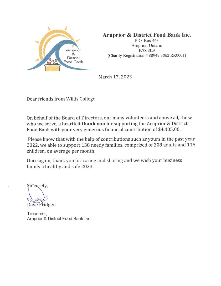 Willis College is proud to contribute to the Arnprior &amp; District Food Bank to help families in need. Thank you to the Board of Directors for this recognition and for all you do to support this outstanding community.

#charity #foodbank