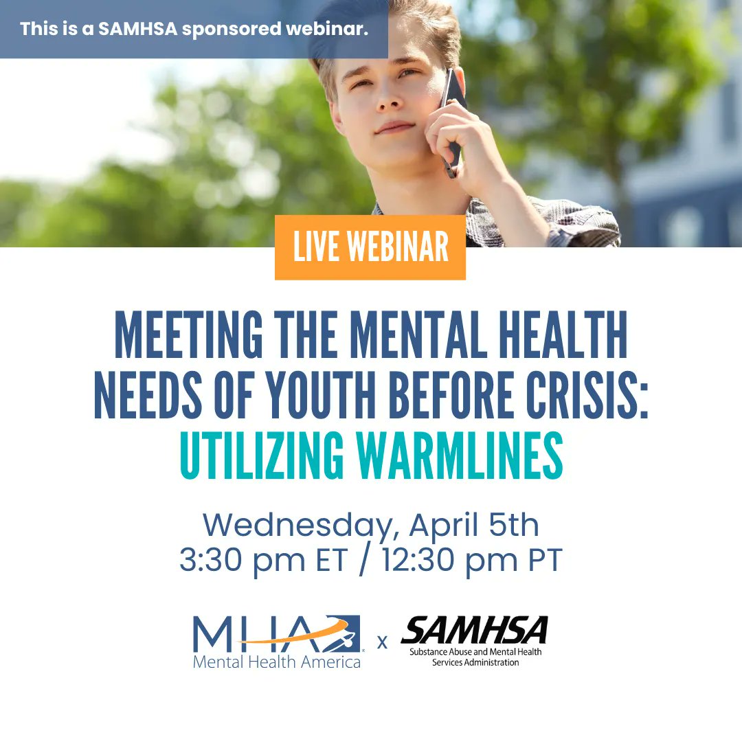 MentalHealthAm's tweet photo. TODAY at 3:30 pm ET, join MHA, @samhsagov, and presenters from @mentalhealthmn and @MHAofMT for a live #webinar to learn about #warmlines, which can help meet young people’s #mentalhealth needs before a point of crisis.
Register: https://t.co/2XtLqtpKS9 https://t.co/ftkfYwSeDz