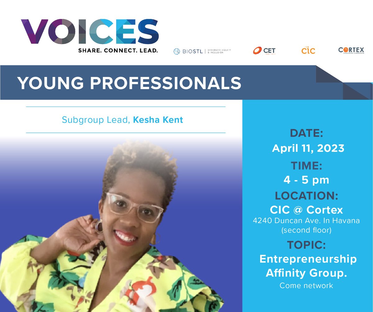 STEMequitySTL's tweet photo. April's VOICES meetup showcases our Young Professionals subgroup, led by Kesha Kent. Join us April 11 at @CortexSTL (and register for FREE): 
 https://t.co/fG1G5FIg31 https://t.co/KMCv9OtHl7
