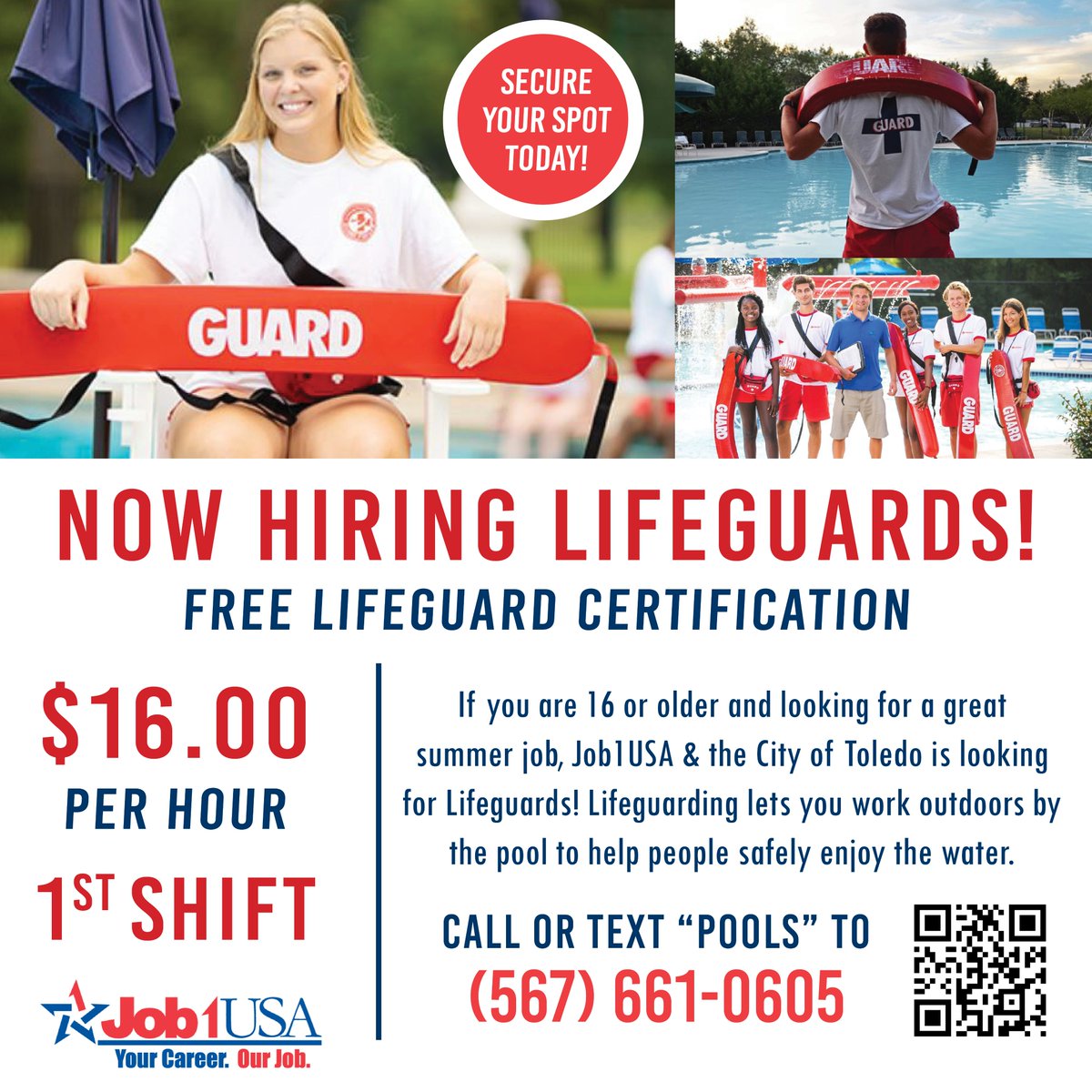 Job1USA's tweet photo. Are you looking for a summer job? Want to spend your summer by the pool?

We are immediately hiring Lifeguards for the City of Toledo Pools! Text Wendy at (567) 661-0605 or apply online at https://t.co/4qVTI8JjpP https://t.co/o6a5EzCs0r