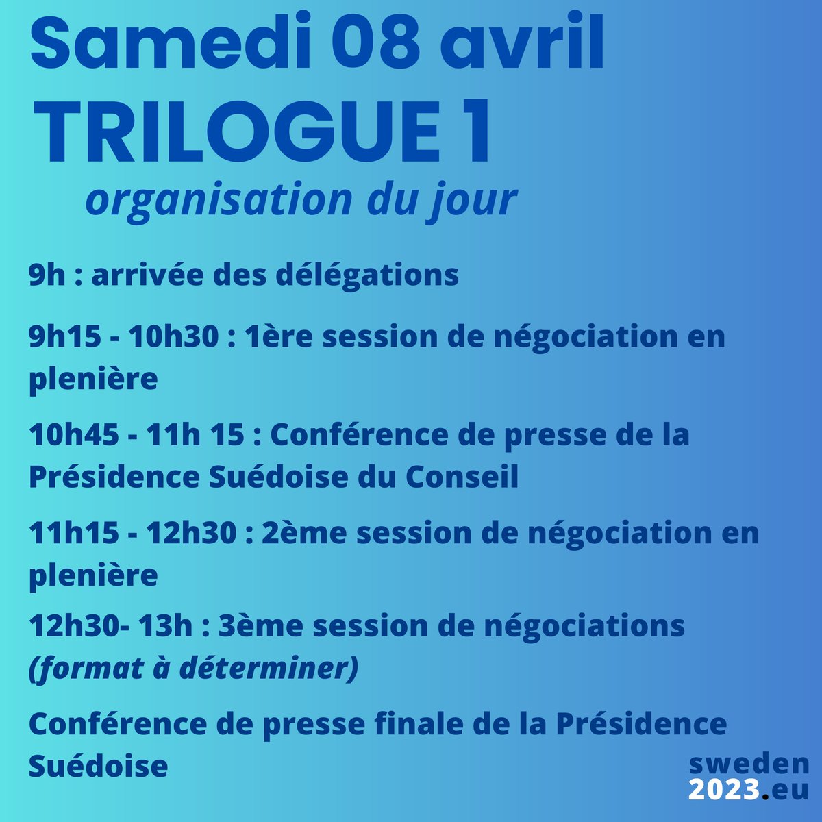 Presidence2023's tweet photo. #TRILOGUE1 Ce samedi 08 avril, la Présidence 🇸🇪du Conseil encadrera une journée de discussions en trilogue sur la modification de la directive relative à la qualité de l'air. 
Un aperçu provisoire de l'organisation des débats à l'attention de tous les participants !
#SimuPE2023 https://t.co/6af9QD9l9H