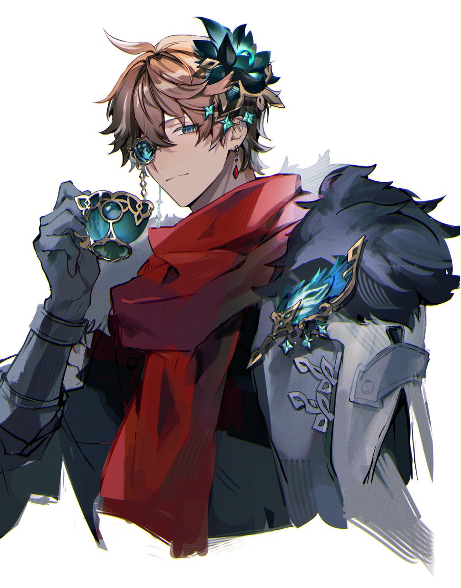 tartaglia (genshin impact) red scarf 1boy male focus solo gloves scarf earrings  illustration images