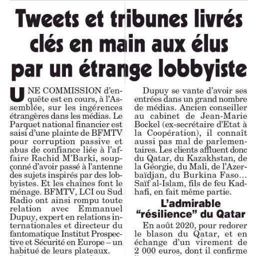 TI_France's tweet photo. Le @canardenchaine s'intéresse à Emmanuel Dupuy, dont le profil est similaire à celui de Jean-Pierre Duthion, le professionnel de l'influence au cœur de l'affaire #Mbarki. Aucun de ces deux "lobbyistes" autoproclamés n'est inscrit au répertoire de la HATVP🤔
#lobbying #ingérence https://t.co/ZA6qg6YSsd