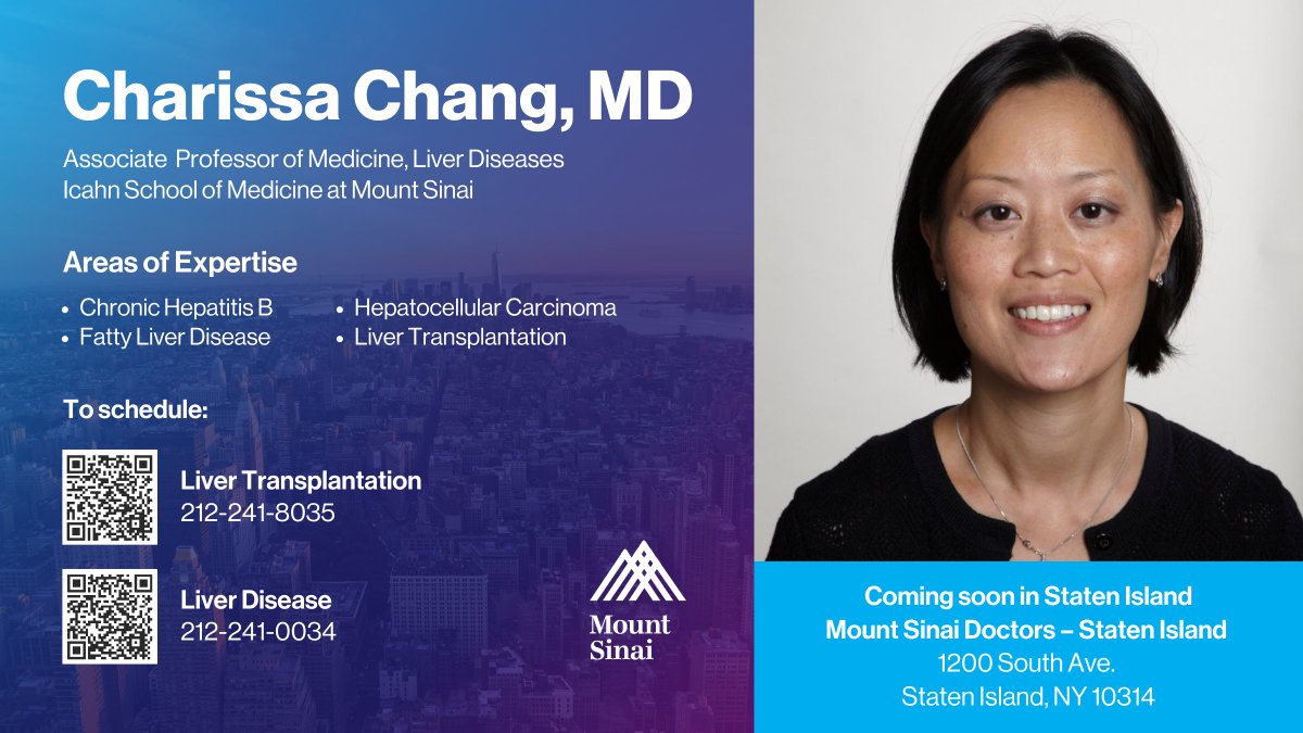 coming soon in STATEN ISLAND! Dr. Chang specializes in the care of patients with liver disease. Her clinical interests include the management of chronic Hepatitis B, fatty liver disease, hepatocellular carcinoma, and management of patients before and after liver transplantation