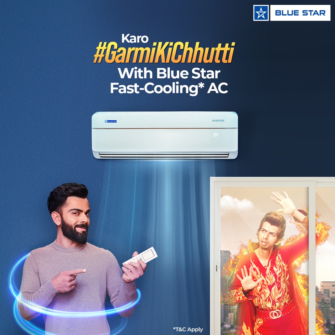 BlueStarLtd's tweet photo. Don't let the summer heat melt you down! With Blue Star Fast-Cooling AC, stay cool all season long and karo #GarmiKiChhutti.
.
To know more, visit the link: https://t.co/eF9ChXlreg
#BlueStar #BlueStarFastCoolingAC #FastCoolingAC #ViratKohli #Heatman #Summer #BeatTheHeat https://t.co/l5TCvIkj2T