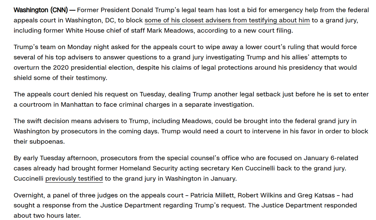 julie_kelly2's tweet photo. Trump continues to rack up losses in DCs rubber stamp judicial circuit. After Beryl Howell, former Dem Senate staffer and Obama appointee, AGAIN denied Trump's privilege claims for top aides, appellate court yesterday quickly upheld her ruling.

Exec privilege is gone. https://t.co/8TuoBxOe1Z