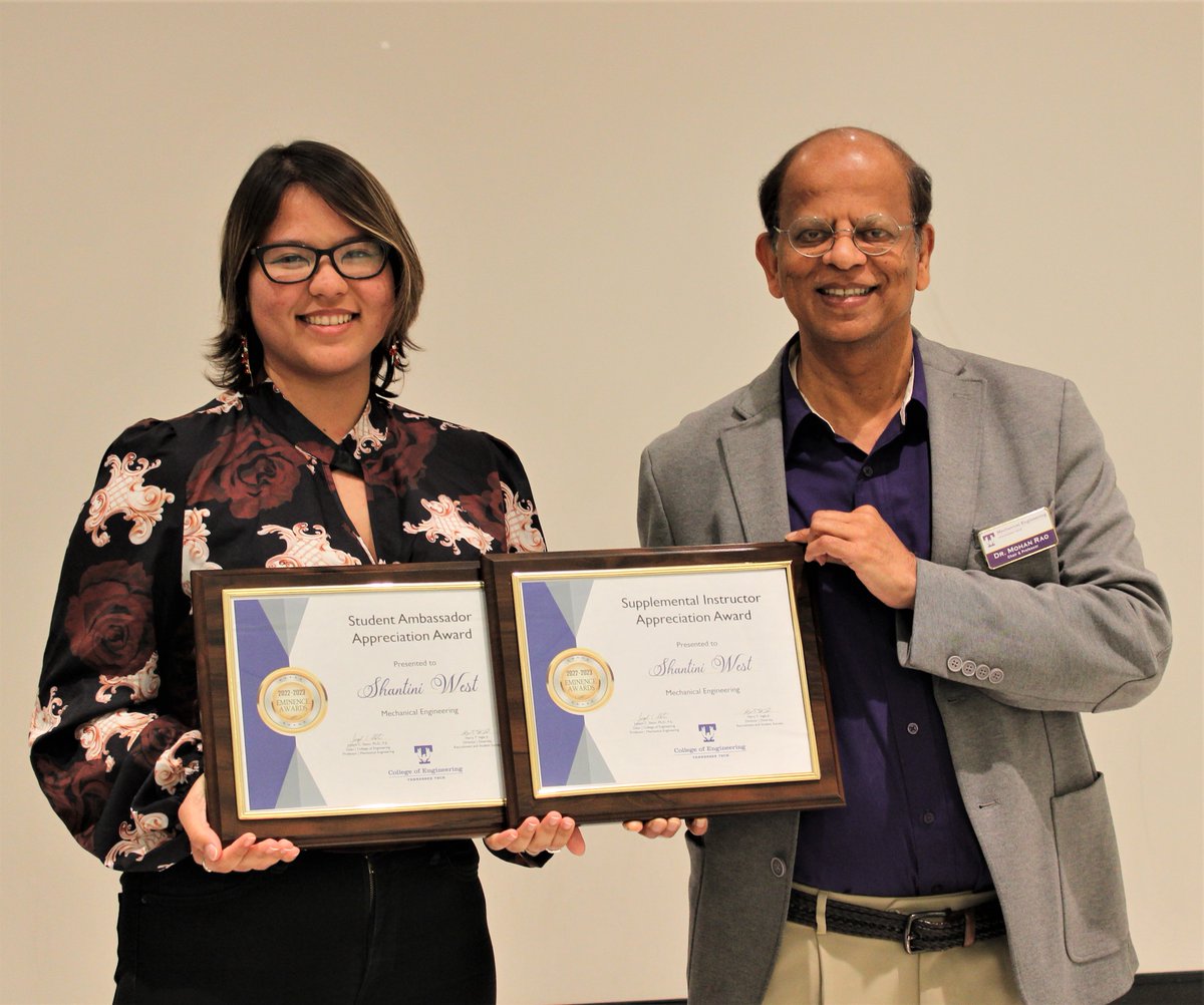 We say congratulations to ME student Shantini West for taking home two honors at the Engineering Eminence &amp; Spectrum Awards Ceremony! ME Chair Dr. Rao presented her with a Student Ambassador award and one for Supplemental Instructor. We are so proud of you, Shantini!