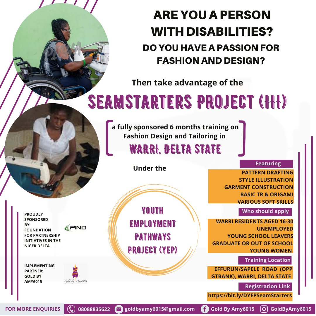 Seamstarters Project is here again!! 

Between November 2021 and December 2022, we trained up to 80 young women in Warri under the YEP Project!!

The Seamstarters Project (III) in Warri is a SPONSORED training on Fashion Design 
/Tailoring by <a href="/PINDFoundation/">PIND Foundation</a> under the Youth...
