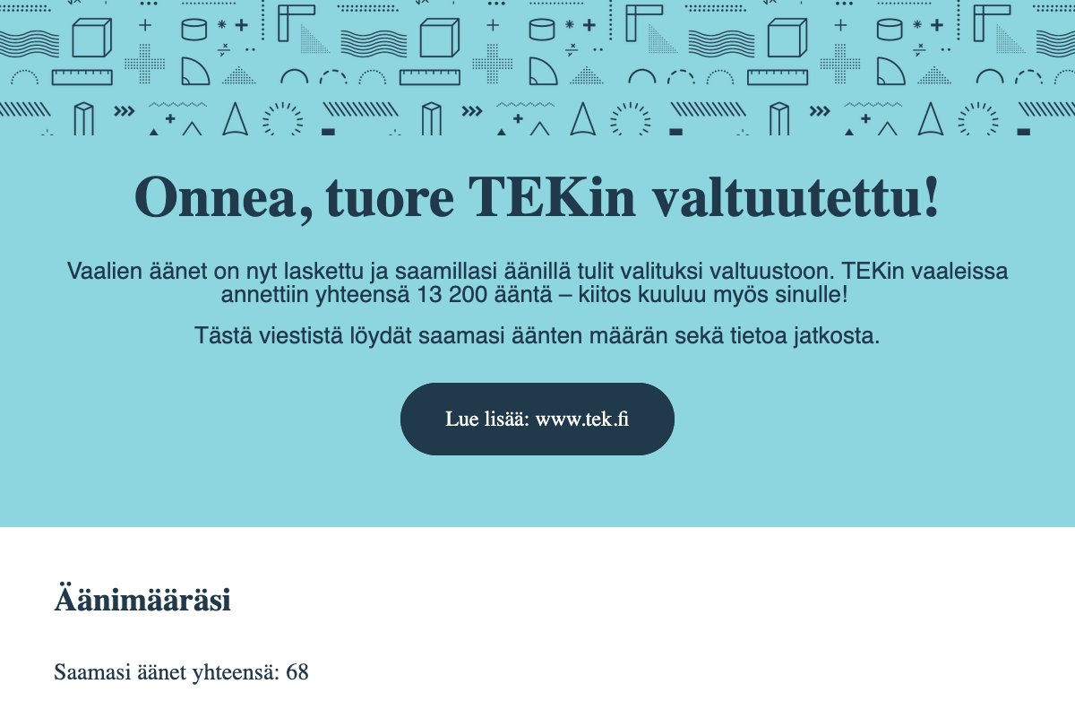 68 kertaa kiitos luottamuksesta! Työni paremman työelämän ja teknologiayhteiskunnan puolesta jatkuu <a href="/TEK_akateemiset/">TEK</a> valtuustossa.

<a href="/tekinnuoret/">TEKin Nuoret</a> -ryhmämme menetti yhden paikan, mutta nousimme valtuuston kolmanneksi suurimmaksi ryhmäksi 10 edustajalla. #TEKvaalit