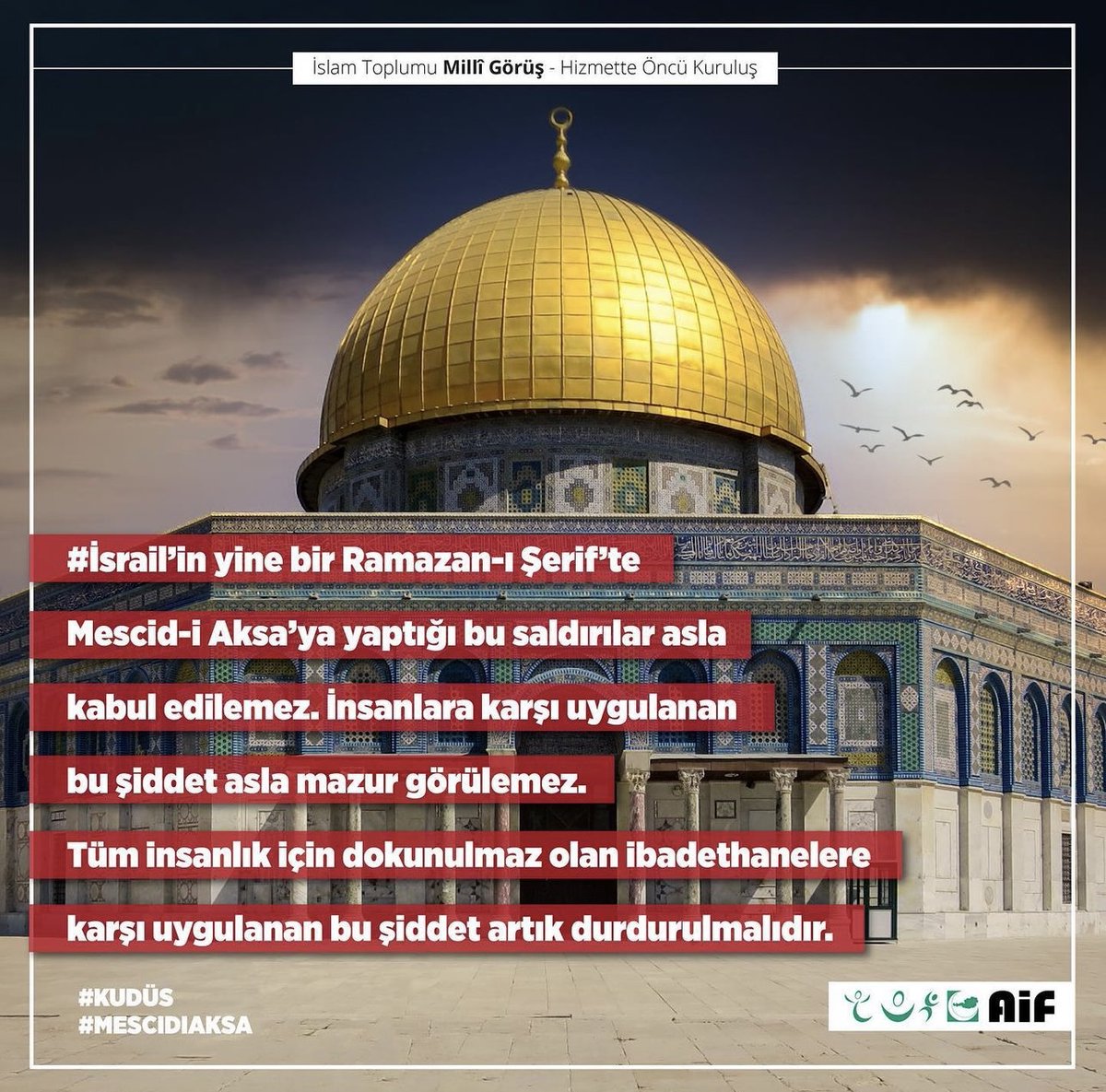 İsrail'in yine bir Ramazan-ı
Şerif'te Mescid-i Aksa'ya yaptığı bu saldırılar asla kabul edilemez. İnsanlara karşı uygulanan bu şiddet asla mazur görülemez. Tüm insanlık için dokunulmaz olan ibadethanelere karşı uygulanan bu şiddet artık durdurulmalıdır.

#MescidiAksa #Kudüs