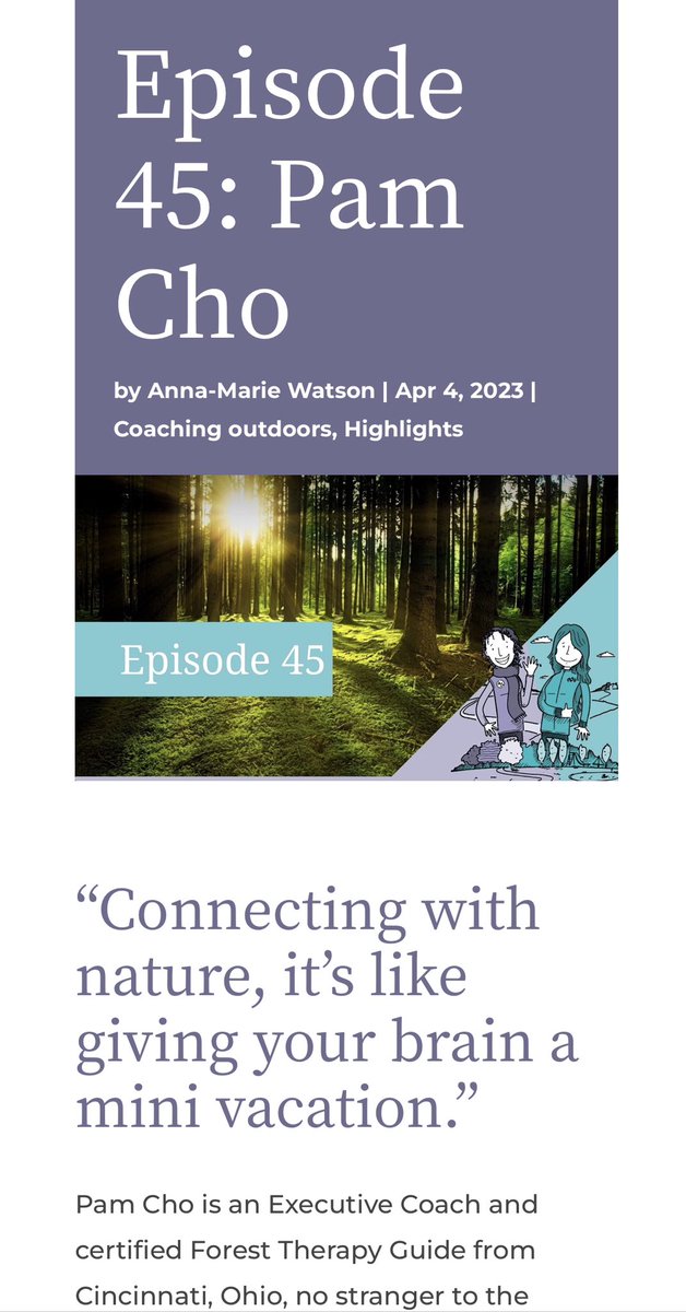 🌸 New #coaching outdoors episode 🌳 

Meet Pam Cho - Executive Coach &amp; Forest Therapy Guide from Cincinnati, Ohio 🇺🇸

Great to stretch our network around the world &amp; encourage more coaches to take their practice outdoors 🌎 

#getoutside #movemore