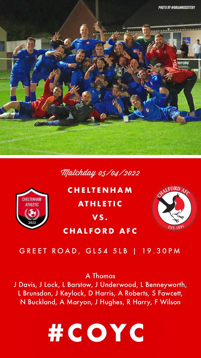 ⚽️: @CheltAthleticFC vs. @Chalford_AFC
🏆: @GNSLOfficial Northern Senior 1
⏱: 05/04/23 19.30 KO
📍: Greet Road, Winchcombe, GL54 5LB

#COYC #Chalford