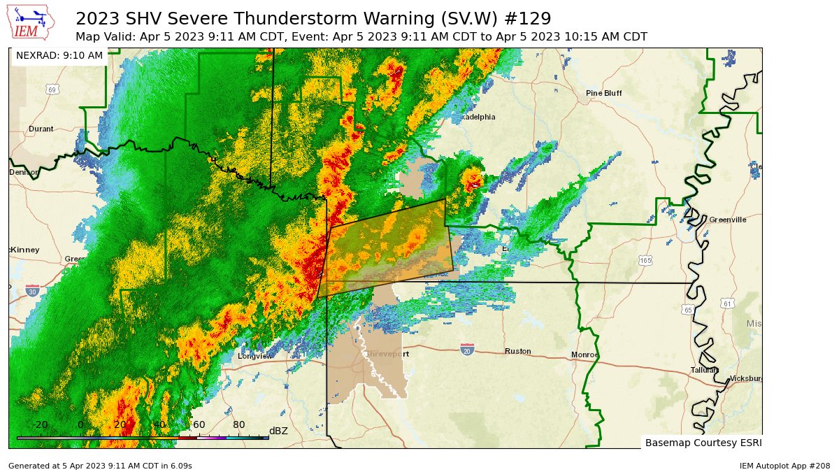 TexasStormAlert's tweet image. SHV issues Severe Thunderstorm Warning [tornado: POSSIBLE, wind: 60 MPH (RADAR INDICATED), hail: 0.75 IN (RADAR INDICATED)] for Columbia, Lafayette, Miller, Nevada [AR] and Bossier, Caddo [LA] and Cass [TX] till Apr 5, 10:15 AM CDT mesonet.agron.iastate.edu/vtec/f/2023-O-…