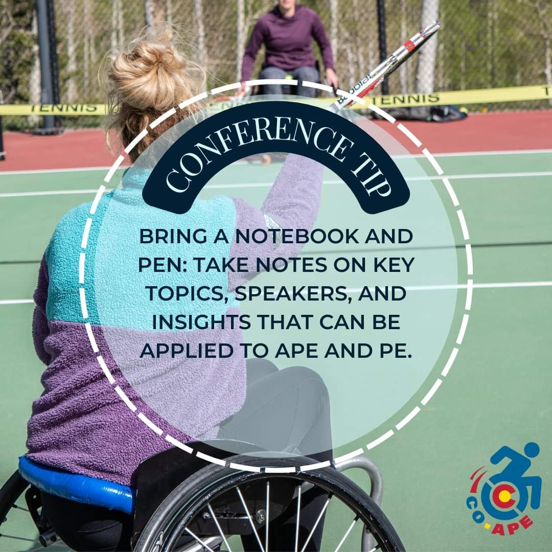 Musser_APE's tweet photo. Conference Tip: Bring a notebook and pen: Take notes on key topics, speakers, and insights that can be applied to APE and PE.
#adaptedpe
#physed #specialeducation #specialeducationteacher
#unifiedpe #partnerpe
#COAPEConference #visitmontrose https://t.co/xCGu8e6Psk