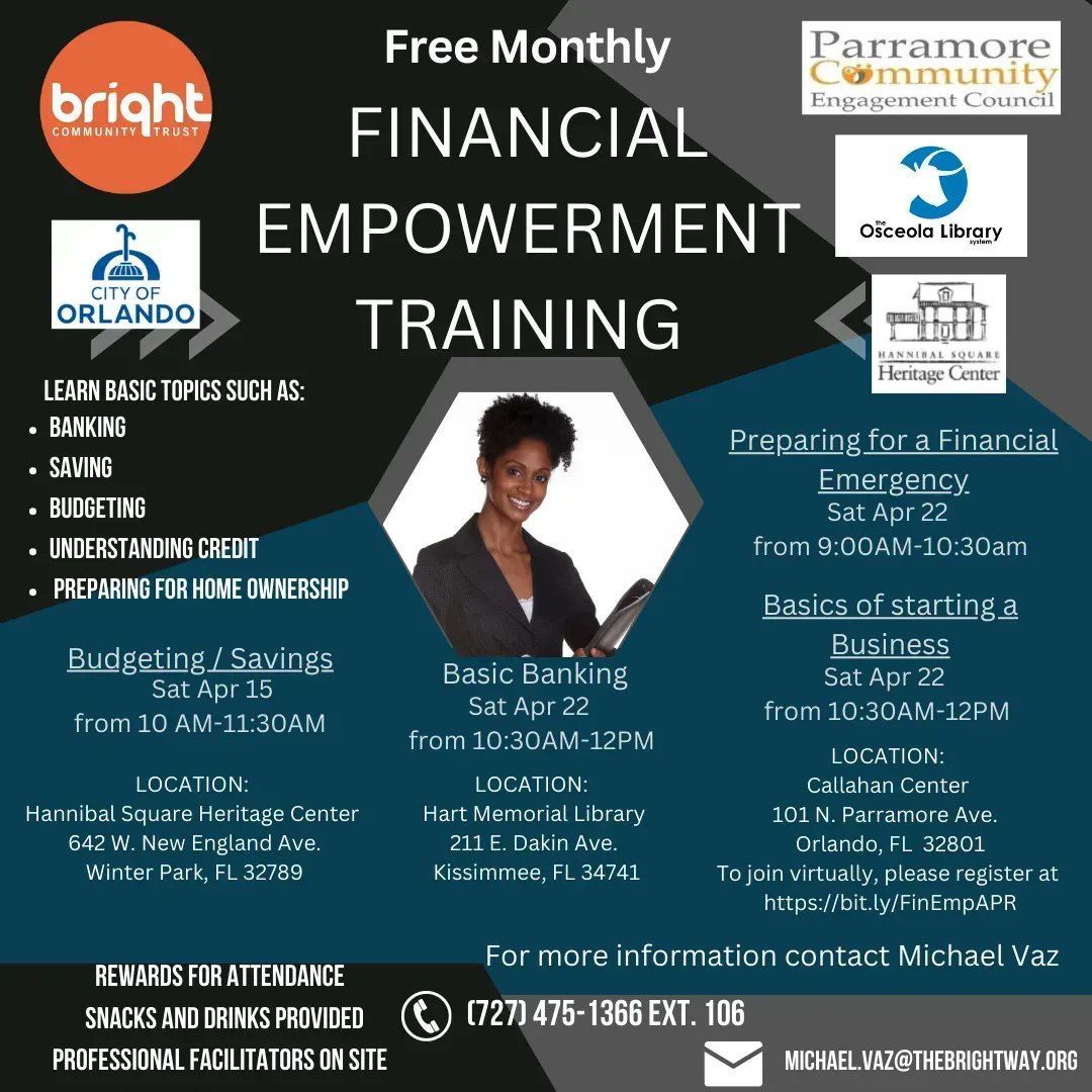 Bright Community Trust (@thebrightway) on Twitter photo We're so excited to annouce that we are expanding our Financial Empowerment classes across Central Florida! 💰
Thank you to our partners at <a href="/citybeautiful/">City of Orlando</a>, <a href="/OsceolaLibrary/">Osceola Library</a>, the PCEC, and Hannibal Square Heritage Center!
Register here: liinks.co/thebrightway We're so excited to annouce that we are expanding our Financial Empowerment classes across Central Florida! 💰
Thank you to our partners at <a href="/citybeautiful/">City of Orlando</a>, <a href="/OsceolaLibrary/">Osceola Library</a>, the PCEC, and Hannibal Square Heritage Center!
Register here: liinks.co/thebrightway