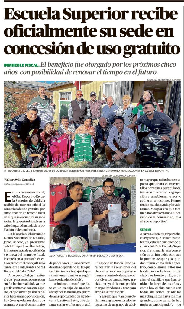 LosRiosBBNN's tweet photo. Buena jornada para todos y todas!, Les informamos que el Diario Austral de Valdivia, destaca en su edición de hoy la entrega de Concesión de Uso que realizó el seremi @JorgePachecoRo7 al Club Deportivo Escuela Superior de Valdivia. Te invitamos a revisar la nota acá: 👇 https://t.co/3A5Kf2QrRx