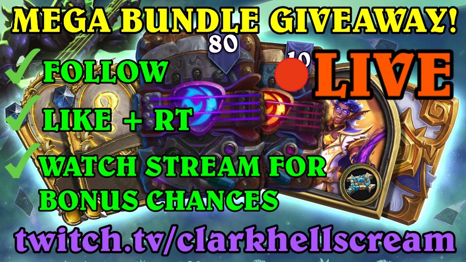 LIVE NOW!!!

w/ 3 BONUS MEGA BUNDLE GIVEAWAYS! Thanks to <a href="/PlayHearthstone/">Hearthstone</a>!

To enter:
✅Like + RT
✅Follow ➡️ twitch.tv/clarkhellscream
✅ Watch Stream for Giveaways in Chat

Streaming till 3pm PT/6pm EST. Winners will be chosen live on stream. (More information below!)

GOOD LUCK!