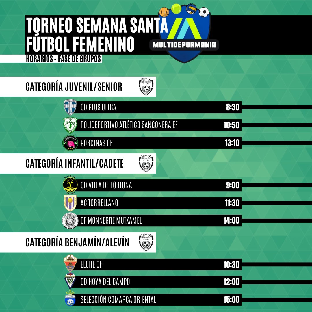 SMXathletic's tweet photo. 🏆 TORNEO SEMANA SANTA ⚽
➡️ 3 de nuestros equipos participan mañana en el Torneo Femenino de #Fortuna organizado por #Multidepormania 😊
⬇️ Os dejamos los horarios por aquí para que os paséis ✨💚 https://t.co/PfA0mHie3s
